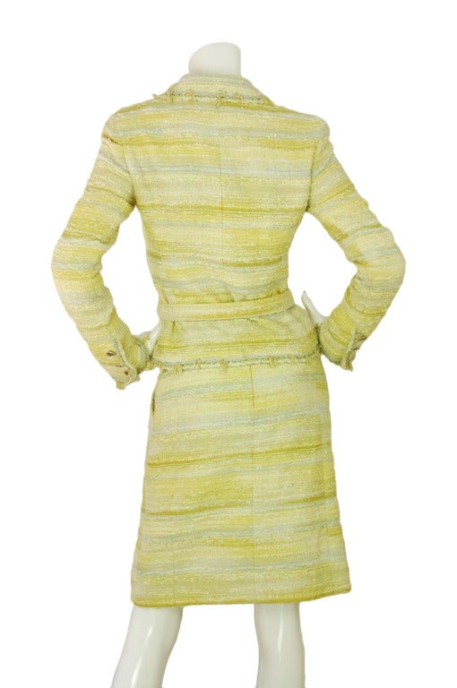 Chanel Yellow/Grey Fringe Trim Fantasy Tweed Skirt Suit w. Belt -sz.36 In Excellent Condition In New York, NY