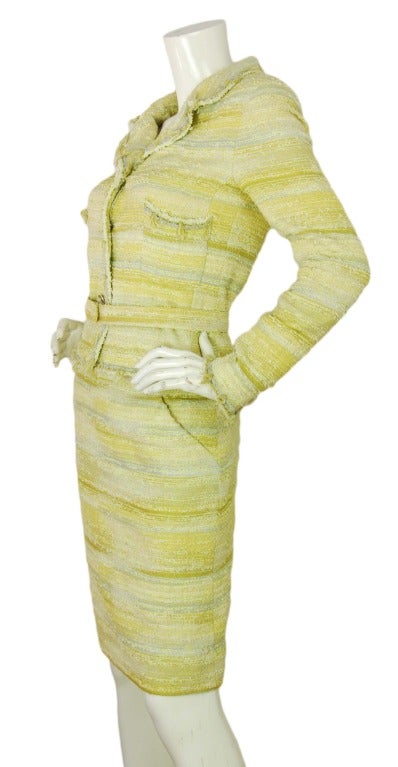 Women's Chanel Yellow/Grey Fringe Trim Fantasy Tweed Skirt Suit w. Belt -sz.36