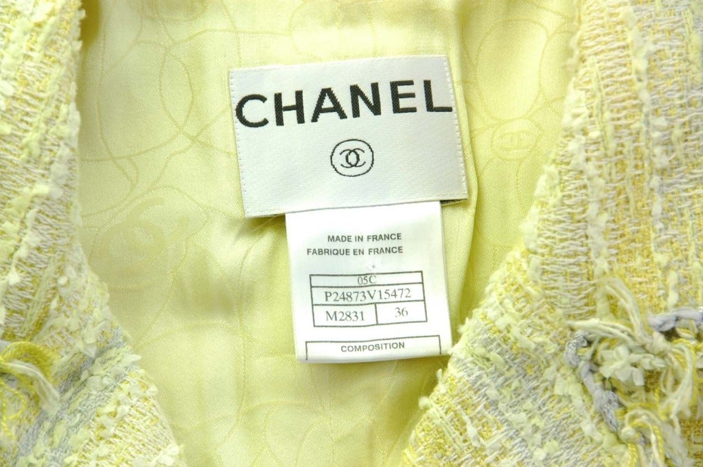 Chanel Yellow/Grey Fringe Trim Fantasy Tweed Skirt Suit w. Belt -sz.36 2