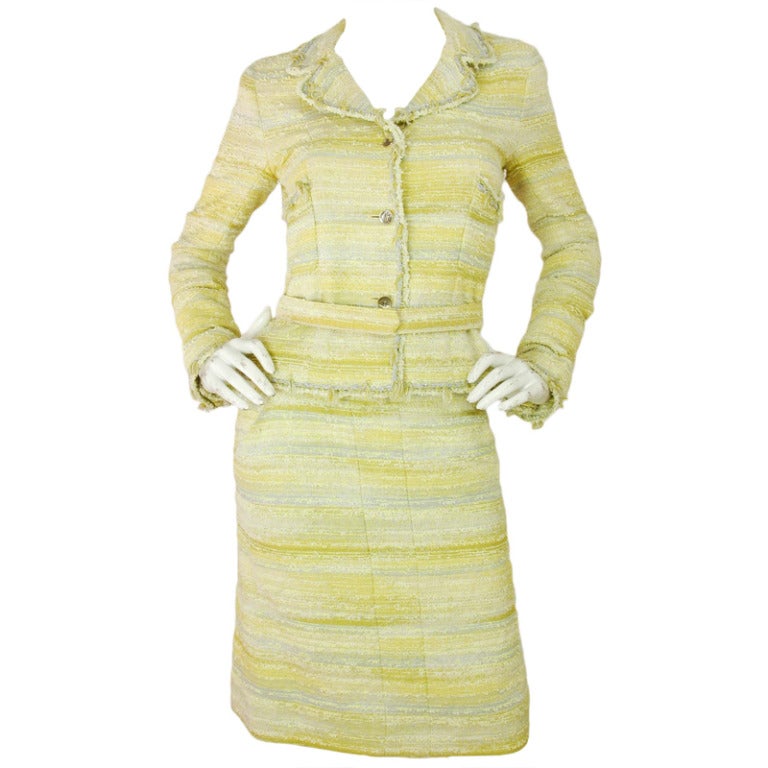 Chanel Yellow/Grey Fringe Trim Fantasy Tweed Skirt Suit w. Belt -sz.36