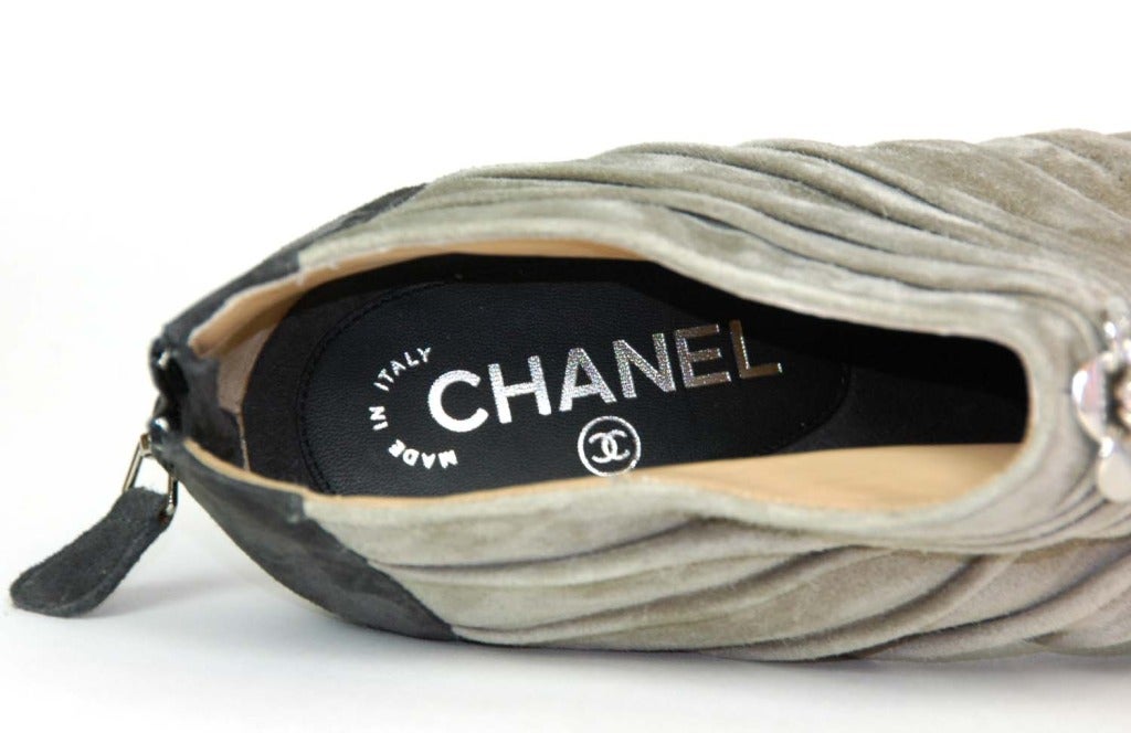 CHANEL Grey Two-Toned Ruched Booties Shoes with Camelias Sz. 41.5 2