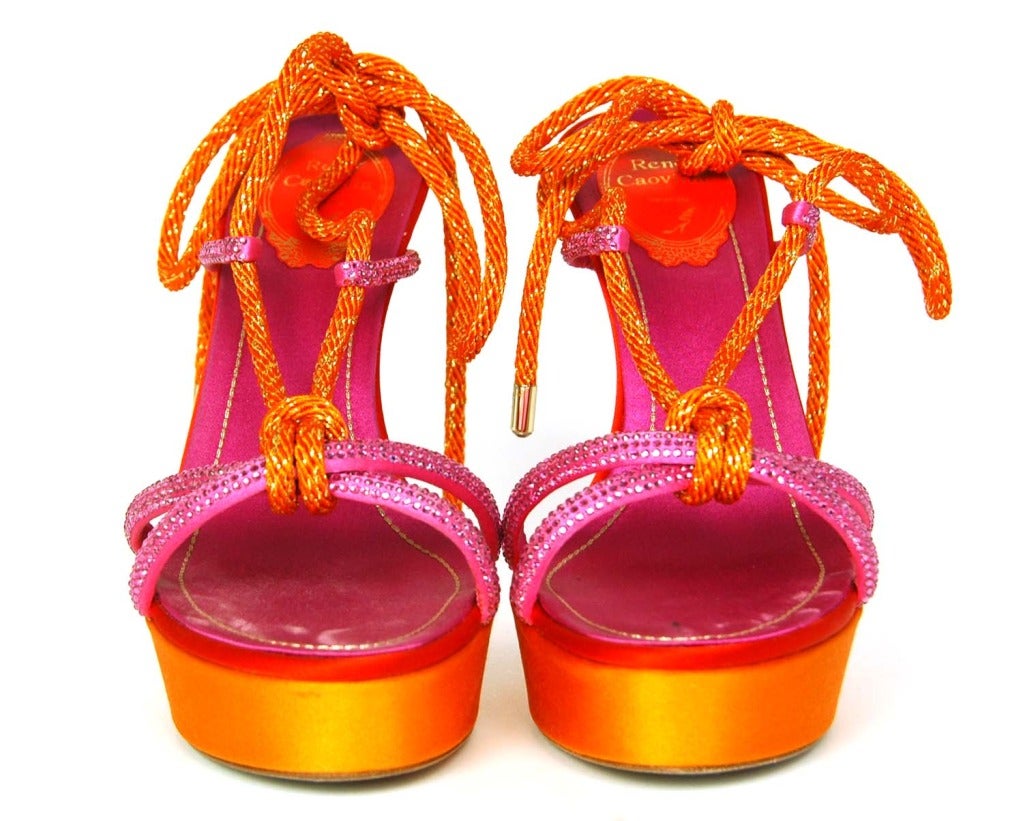 Rene Caovilla Orange/Pink Platform Shoes With Rope Straps and Rhinestones - Sz 8.5

Made in Italy
Materials: Satin, Rope, Rhinestones
Silver sparkles on soles
Stamped 