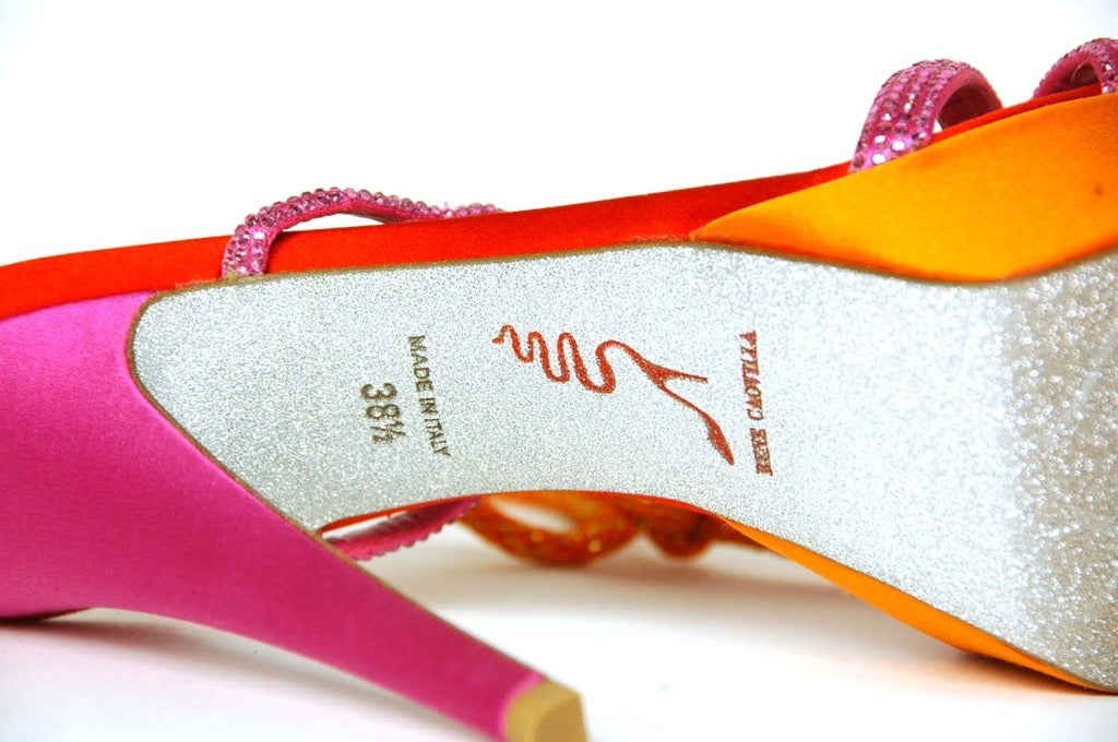 RENE CAOVILLA Orange/Pink Platform Shoes With Rope Straps and Rhinestones - Sz 8.5 In Excellent Condition In New York, NY