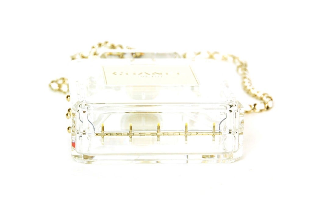 Women's CHANEL Clear Plexiglass 'No. 5' Perfume Bottle Clutch W. Chain Strap c. 2014