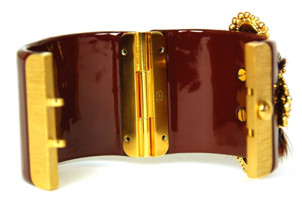 Women's CHANEL 2013 Burgundy Resin Clamper Cuff Bracelet W. Logo Feather Medallion