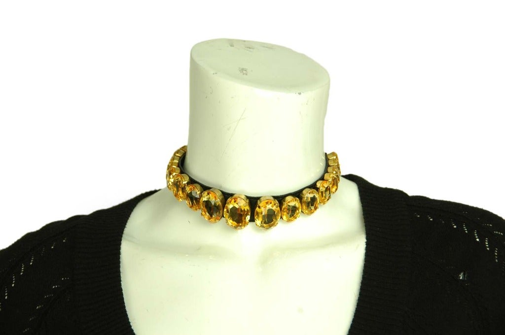 CHANEL Vintage Black Satin Choker Necklace W. Orange Oval Stones c.1987 2