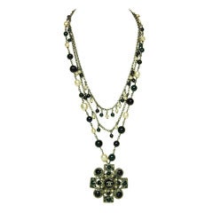 CHANEL Black & Emerald Green Resin & Pearl Logo Medallion Three-Chain Necklace RT. $4375
