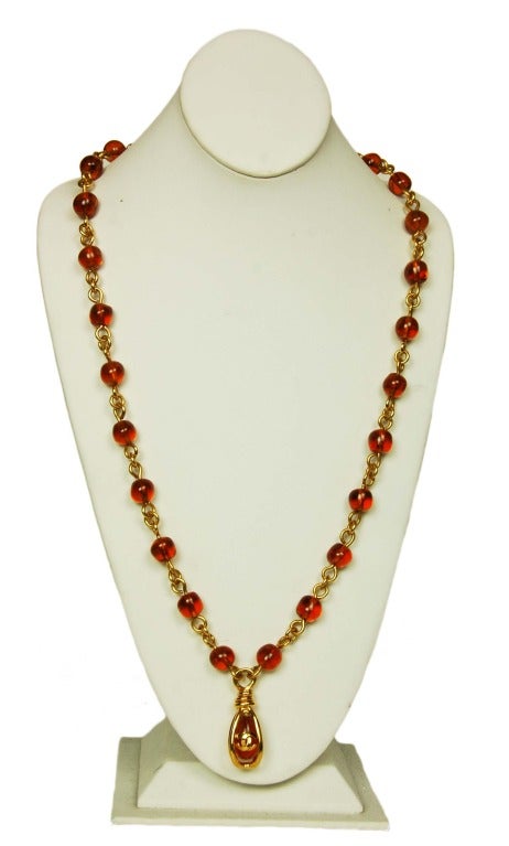 Chanel Amber Glass Necklace w/ CC Teardrop Pendant