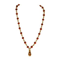 Chanel Amber Glass Necklace w/ CC Teardrop Pendant