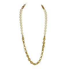 Chanel Vintage '80s Gold Cable Chain Link & Faux Pearl Necklace 9