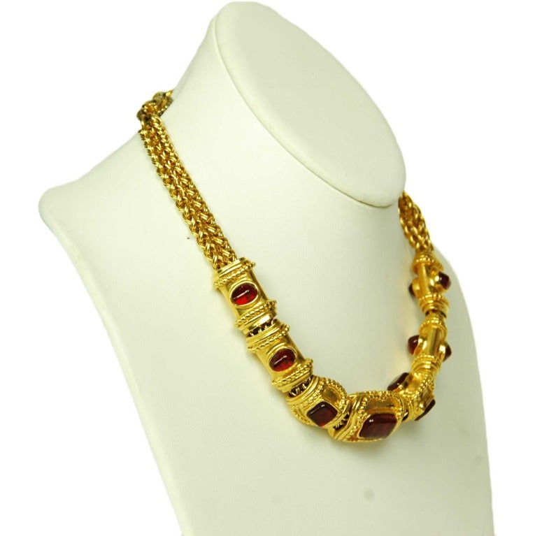 CHANEL Goldtone Choker Necklace W. Red Gripoix Medallions c. 1996 In Excellent Condition In New York, NY