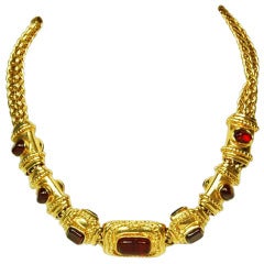 CHANEL Goldtone Choker Necklace W. Red Gripoix Medallions c. 1996