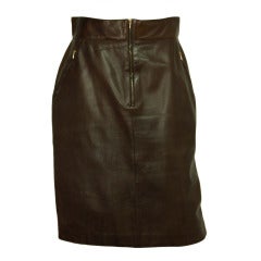 CHANEL Brown Leather Skirt With Buttons At Back Slit, sz 44