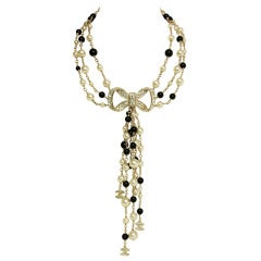 CHANEL NWT Black Bead & White Pearl Multistrand Choker Necklace W. Rhinestone Bow & Dangling Strands c. 2010