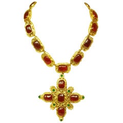 CHANEL Goldtone Necklace With Red and Green Gripoix Medallions c. 1970s/80s 8