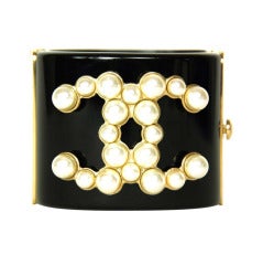 CHANEL Black Resin Clamper Cuff W. Faux Pearl CC & Gold Hinges c. 2013
