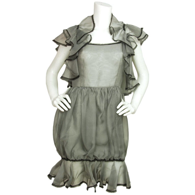 CHANEL Grey Silk Dress With Ruffled Sleeves, Back & Hem Sz. 38 c. 2008