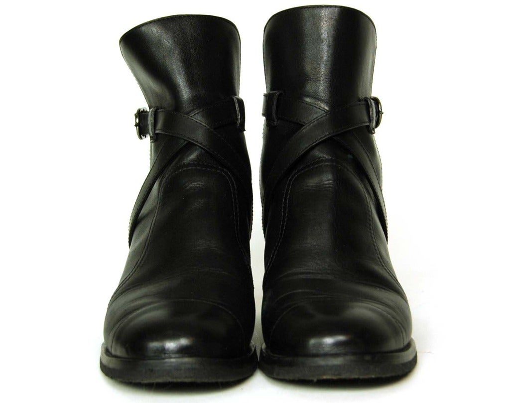 CHANEL Black Leather Boots W/Criss Cross Strap and Metal Plate On Heel