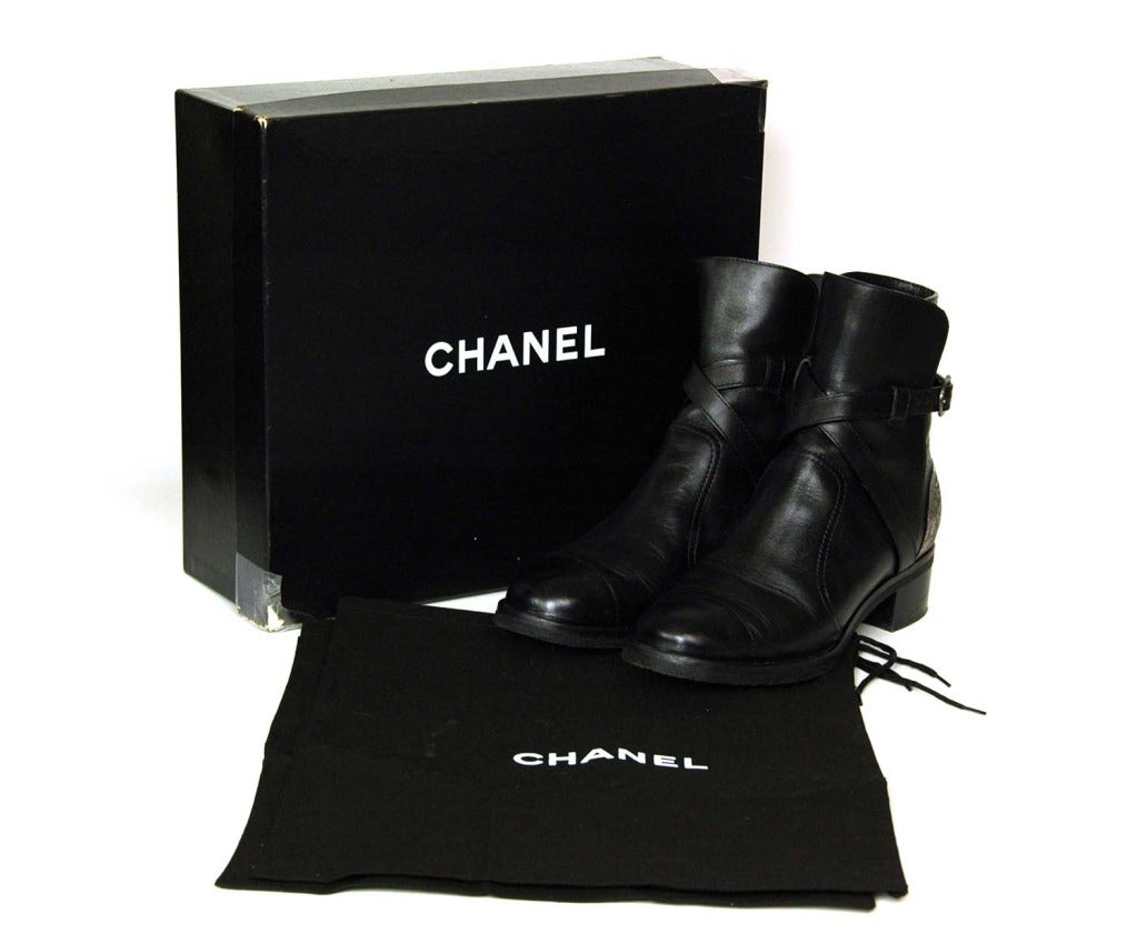 Women's CHANEL Black Leather Boots W/Criss Cross Strap & Metal Plate On Heel - Sz 8
