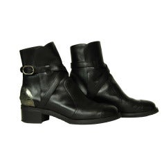 CHANEL Black Leather Boots W/Criss Cross Strap & Metal Plate On Heel - Sz 8