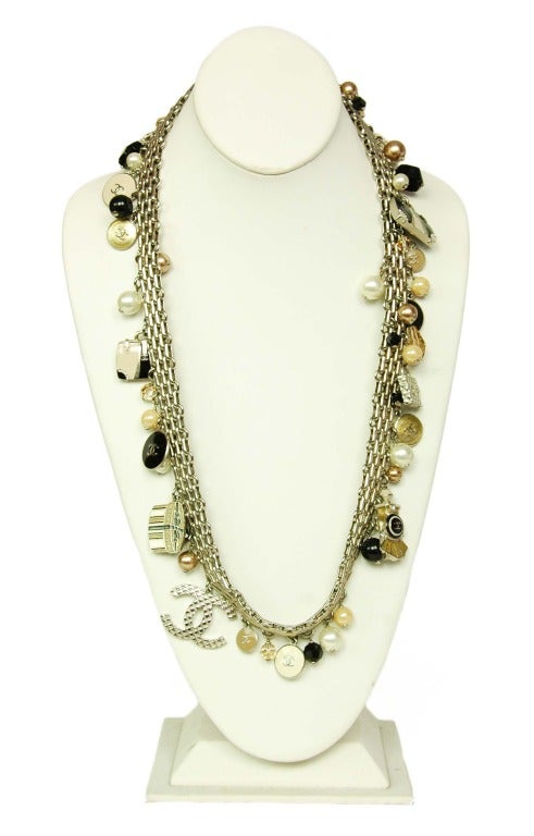 CHANEL Silver Tone Chain Belt W/Traveling Charms and Pearls c. 2007