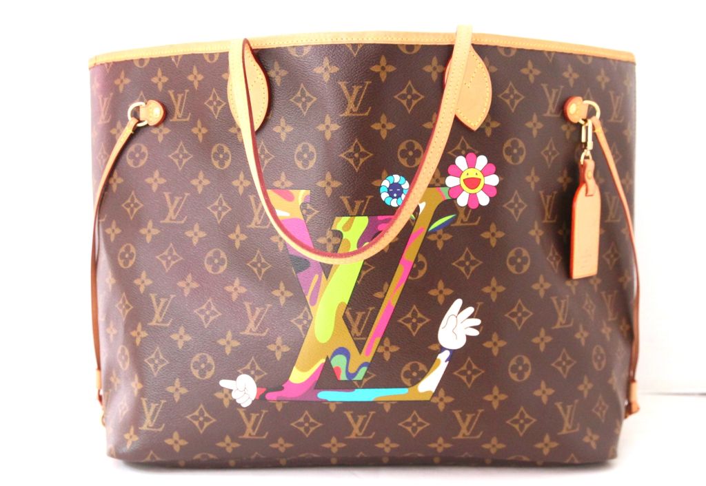 This LOUIS VUITTON Monogram LV Hands Neverfull MG Bag is created by the collaboration of Marc Jacobs and Japanese artist Takashi Murakami. Special Limited Edition and hard to find. Made of monogram canvas with Murakami's 