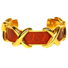 HERMES Goldtone Cuff Bracelet W. Red Crocodile Skin & Gold X's