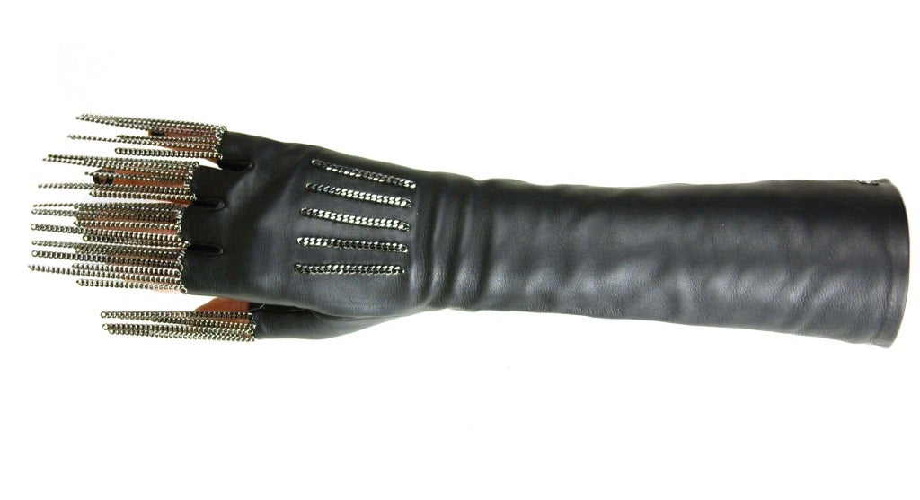 Women's CHANEL Fingerless Black Leather Gloves W. Silver Chain Fringe c. 2011