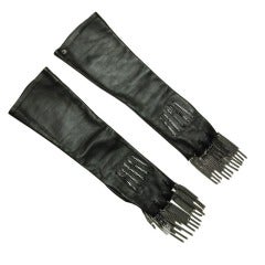 CHANEL Fingerless Black Leather Gloves W. Silver Chain Fringe c. 2011