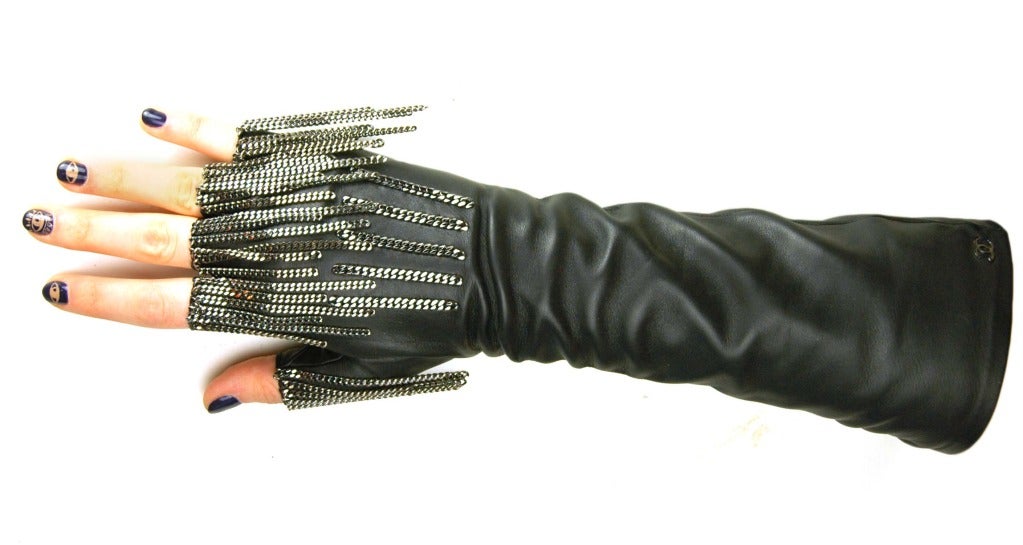 CHANEL Fingerless Black Leather Gloves W. Silver Chain Fringe c. 2011 1