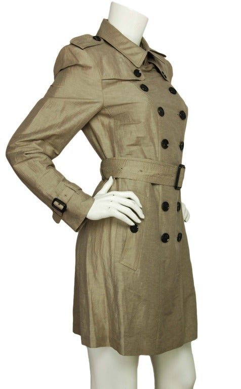 Burberry Beige Double Breasted Linen/Silk Trench W/Belt - Sz 8 (Rt. $1,595)

Made in Bosnia
Composition: 85% linen, 15% silk
Two side pockets
All buttons stamped 