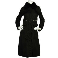 PRADA Black Nylon Coat W. Fur Collar Sz. 38