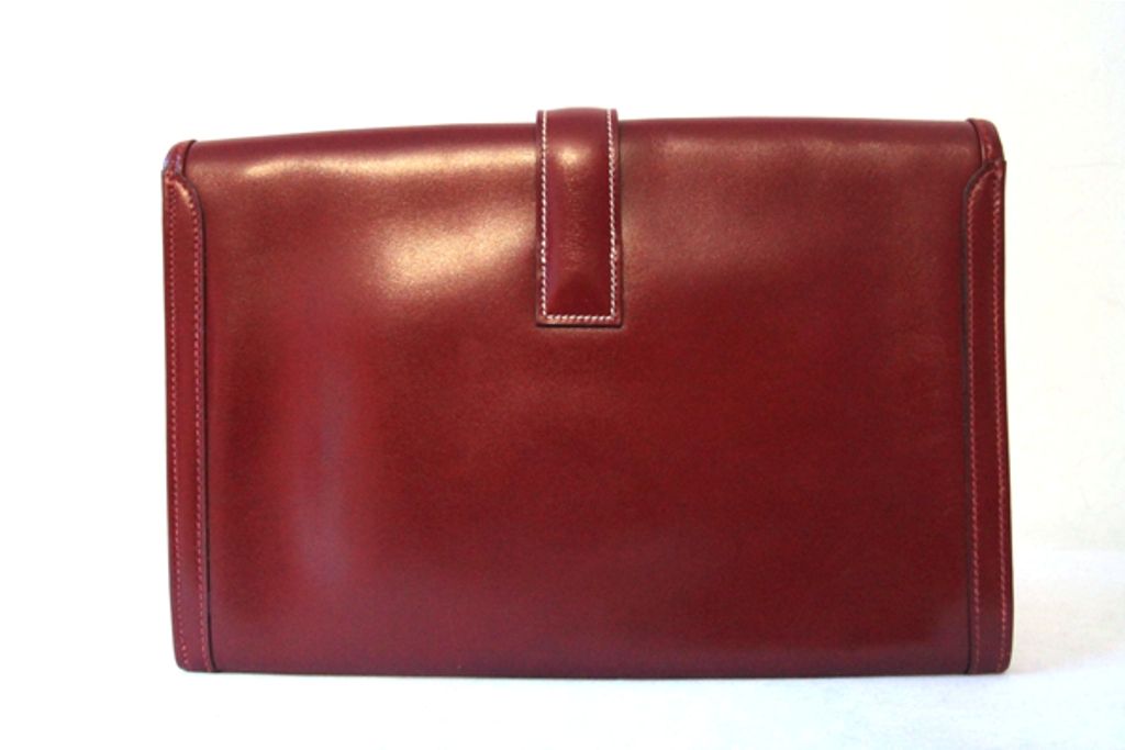 Women's Hermes Burgundy Box Leather Jige Clutch Bag