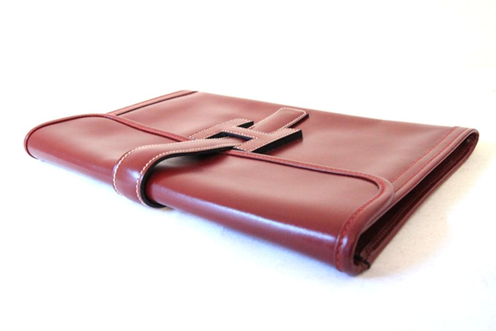 Hermes Burgundy Box Leather Jige Clutch Bag 2