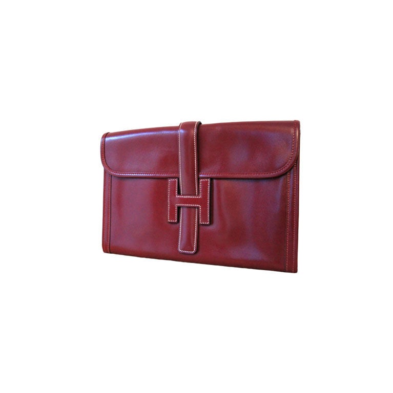 Hermes Burgundy Box Leather Jige Clutch Bag