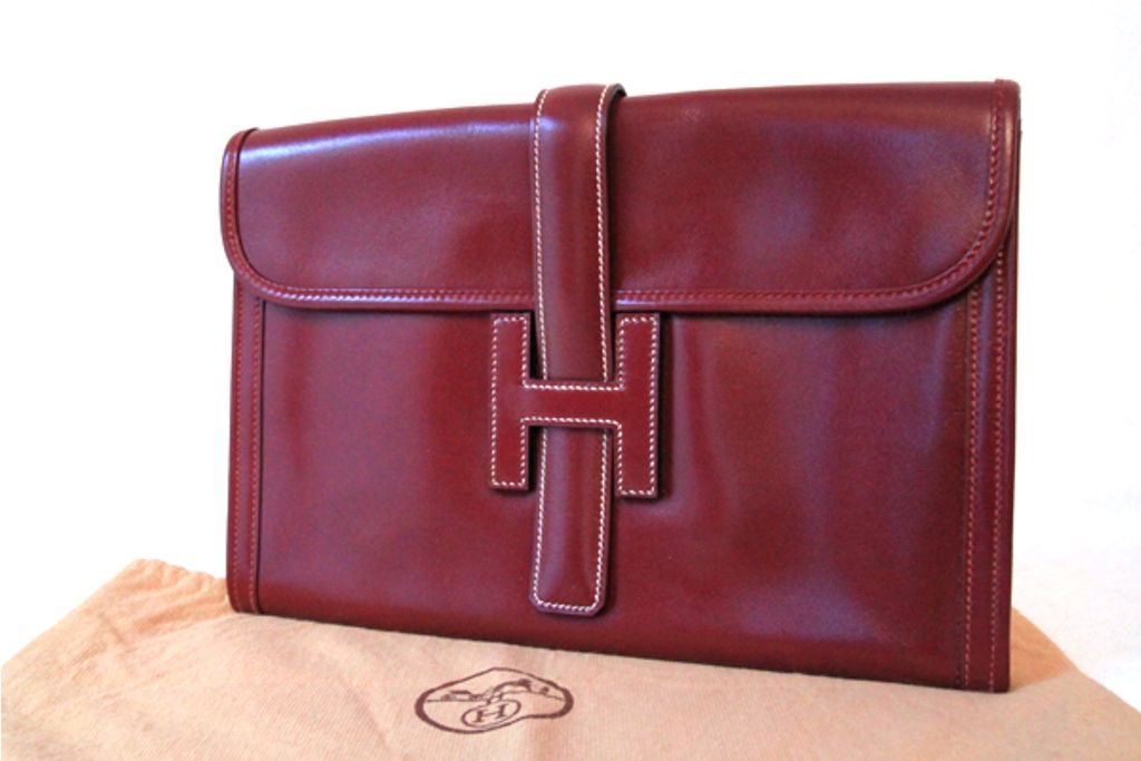 Hermes Burgundy Box Leather Jige Clutch Bag 6