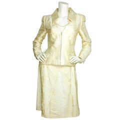 CHANEL Cream Floral Pattern Jacket & Skirt W. Pearl Detail Sz. 40 c. 2001 2