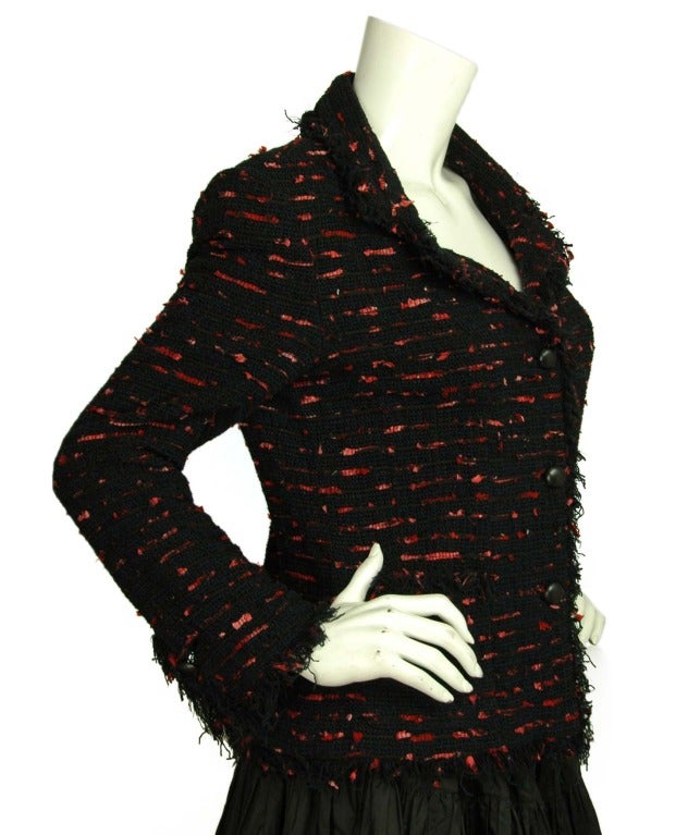 CHANEL Navy Blue & Red Knit Blazer W. Confetti & Fringe Trim Sz. 42 c. 2004