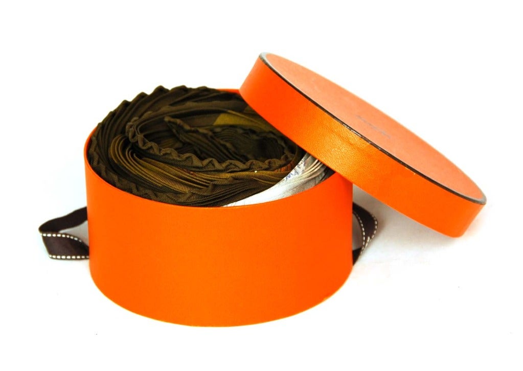 HERMES Brown Pleaty Silk Scarf With Pheasants