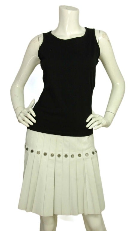 CHANEL White Leather Accordion Pleat Skirt W. Logo CC Faux Pearl ...