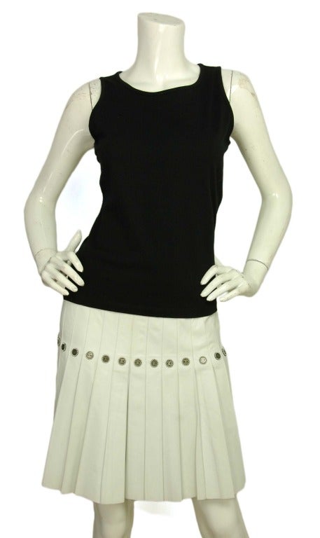 CHANEL White Leather Accordion Pleat Skirt W. Logo CC Faux Pearl Buttons Sz. 38 c. 2005