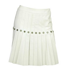 CHANEL White Leather Accordion Pleat Skirt W. Logo CC Faux Pearl Buttons Sz. 38 c. 2005