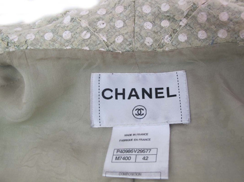 Chanel Green Double Breasted Jacket W/White Polka Dot Overlay sz 42 In Excellent Condition In New York, NY