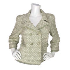 Chanel Green Double Breasted Jacket W/White Polka Dot Overlay sz 42