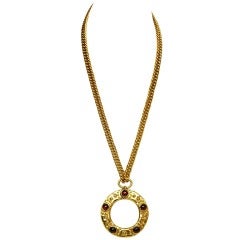 CHANEL Goldtone Necklace With Magnifier Glass & Red Gripoix