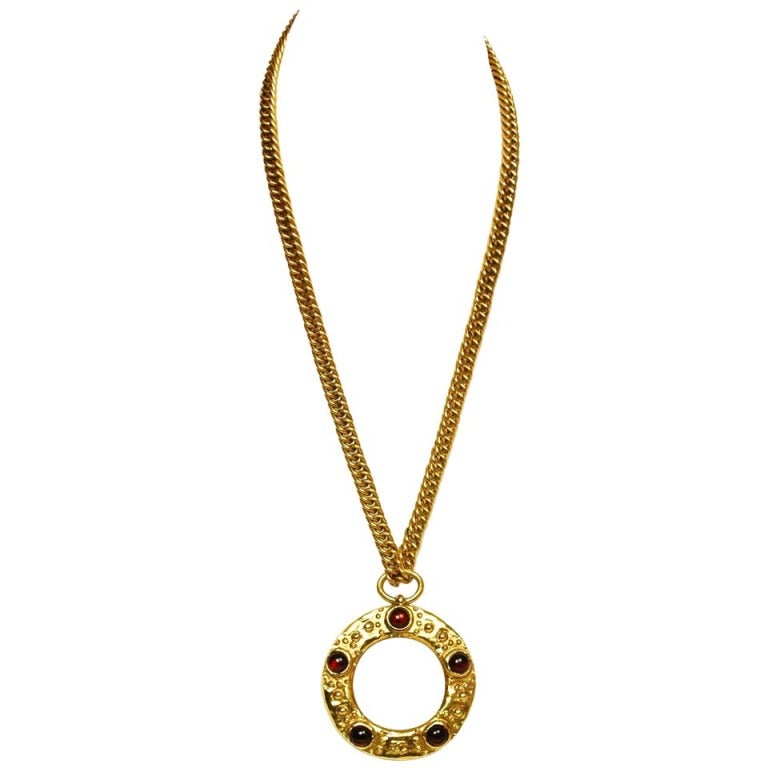 CHANEL Goldtone Necklace With Magnifier Glass & Red Gripoix