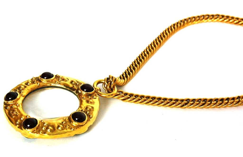 CHANEL Goldtone Necklace With Magnifier Glass & Red Gripoix In Good Condition In New York, NY
