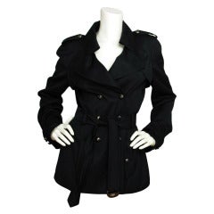 CHANEL Navy Blue Double Breasted Short Trench Coat W. Logo Airplane Buttons & Waist Belt Sz. 30 c. 2008