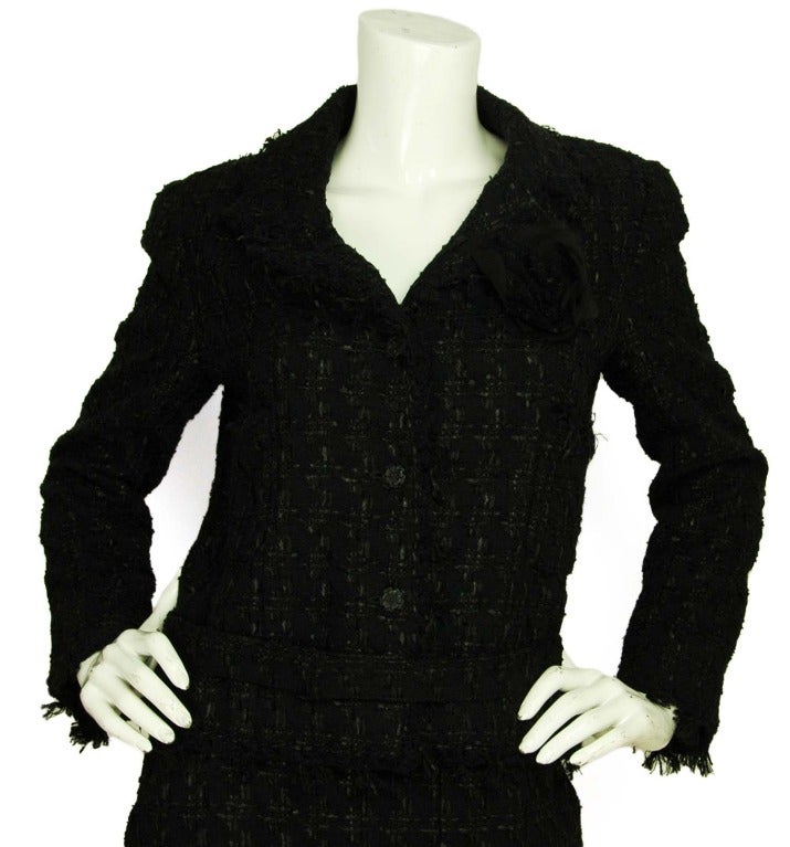 Women's CHANEL Black Boucle Tweed Skirt Suit W. Camellia Pin & Belt Sz. 40 c. 2005