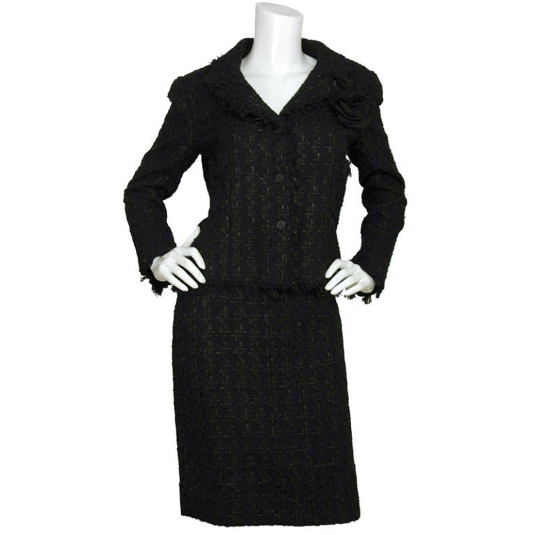 CHANEL Black Boucle Tweed Skirt Suit W. Camellia Pin and Belt Sz. 40 c ...